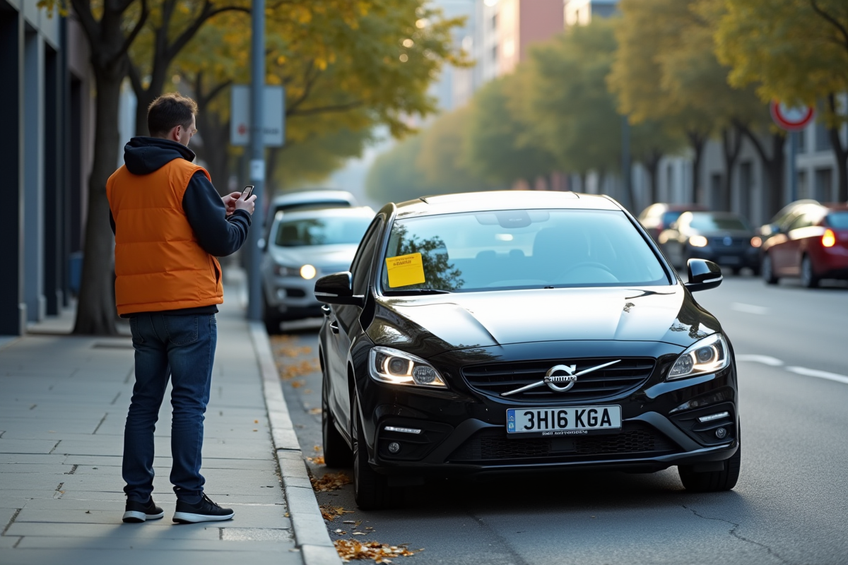 Voiture stationnee illegalement sur le trottoir avec ticket jaune