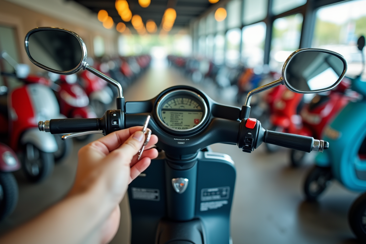Détail tableau de bord scooter et clés dans un showroom lumineux