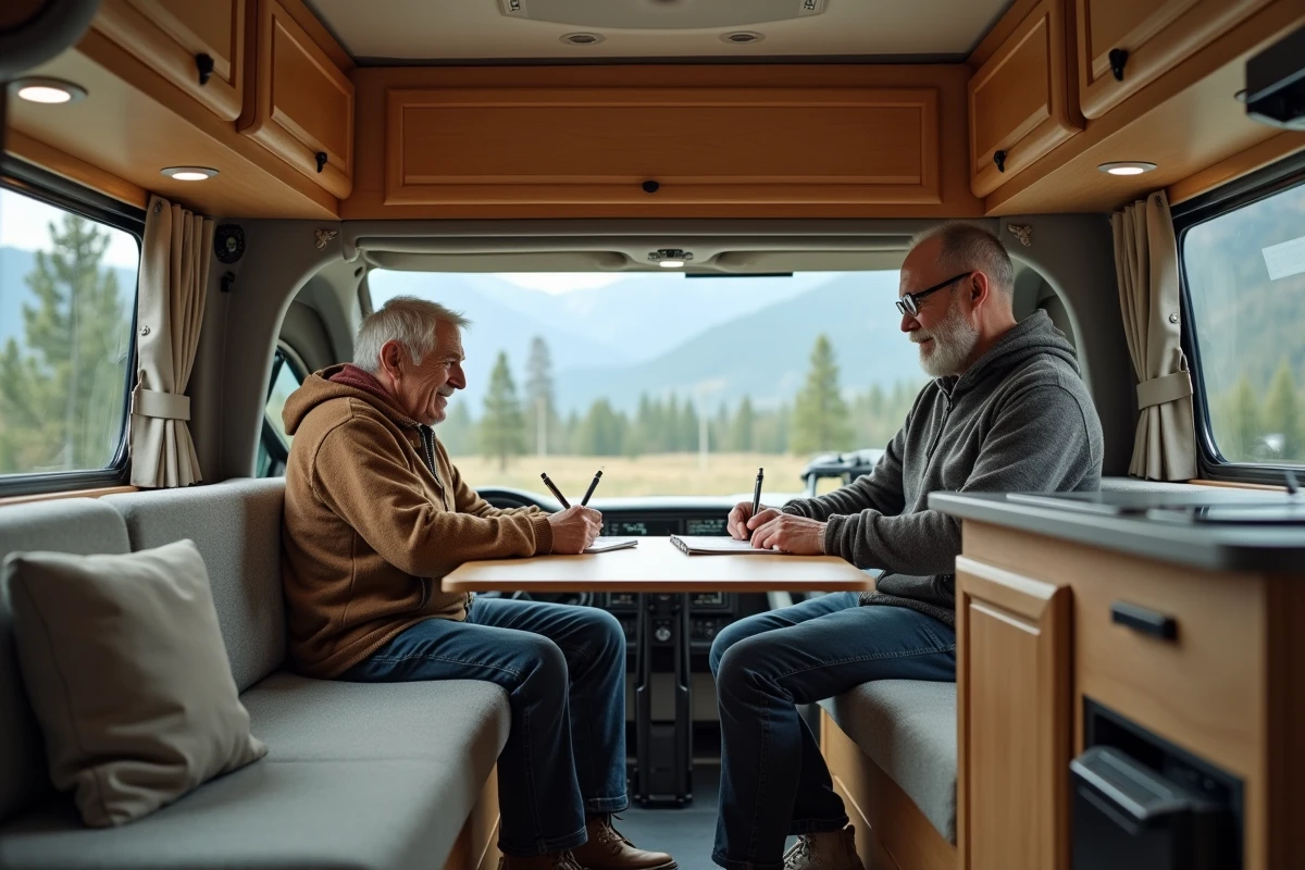 Voyageur seul dans van en train d’écrire dans intérieur cosy